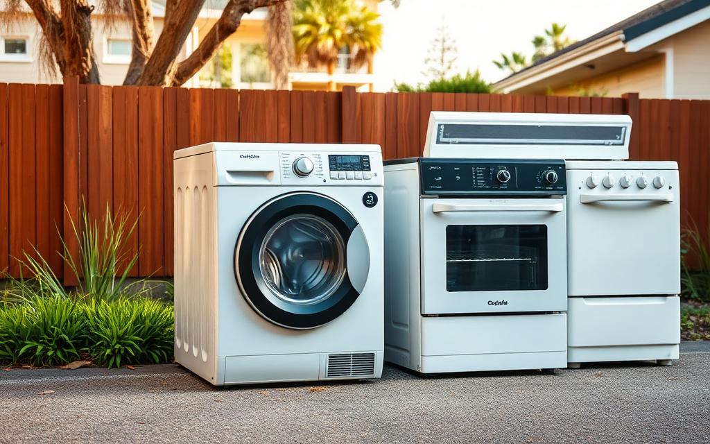 Old washing machine, dryer and oven waiting on a driveway for appliance removal on a rubbish removal job in Nerang on the Gold Coast