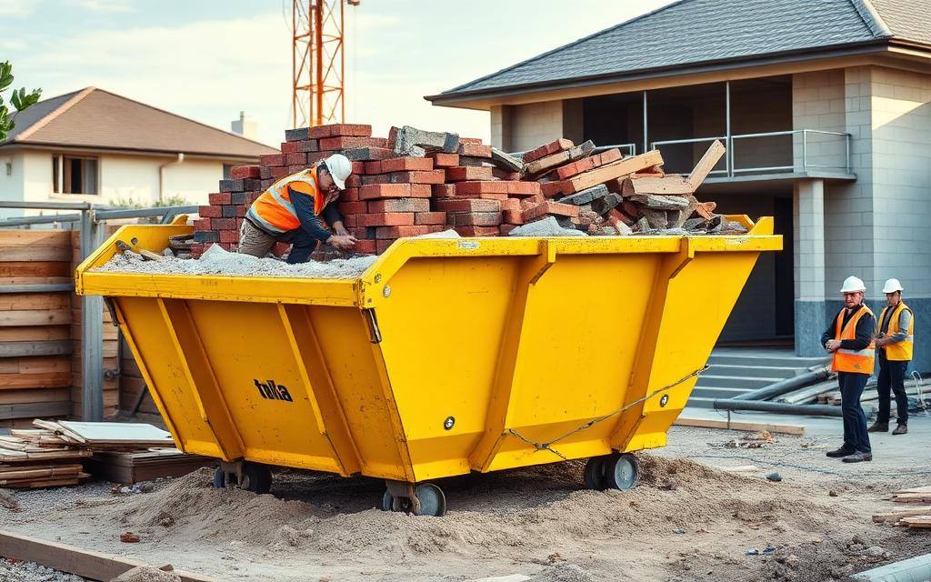 Builders skip bin on a residential construction site filled with bricks, concrete and timber offcuts