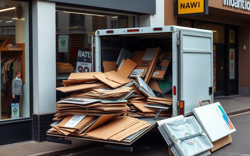 Commercial rubbish removal at a shopfront with flattened cardboard and retail fixtures loaded into a truck on a junk removal job in Manly in the Brisbane to Gold Coast corridor