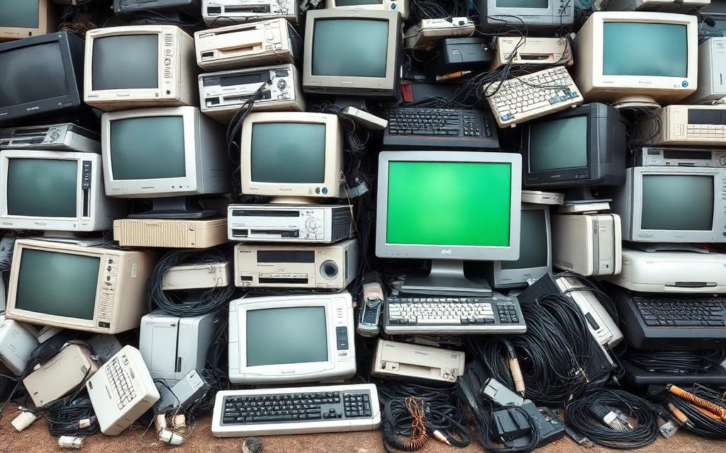 Pile of old computer monitors, printers, keyboards and cables stacked for e-waste recycling on a junk removal job in Robina on the Gold Coast