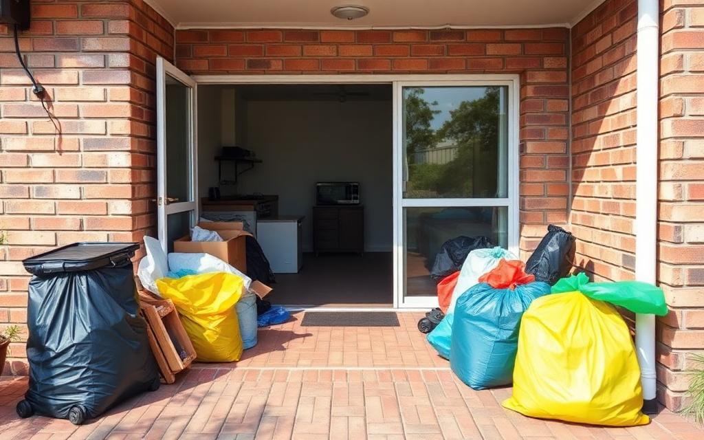 End of lease clean-out with rubbish bags and last items beside the open door of an empty rental on a junk removal job in Labrador on the Gold Coast