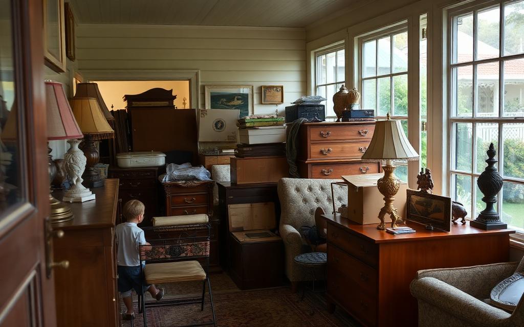 Estate clearance inside a Queenslander with older furniture, lamps and boxes of belongings on a rubbish removal job in Manly in the Brisbane to Gold Coast corridor
