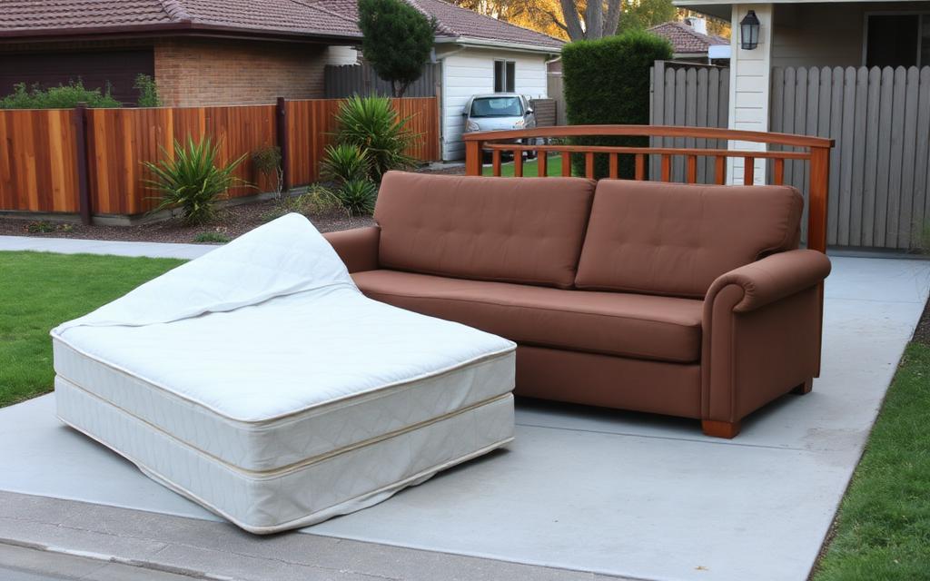 Old sofa and mattress placed on a driveway ready for furniture removal on a rubbish removal job in Chermside in the Brisbane to Gold Coast corridor
