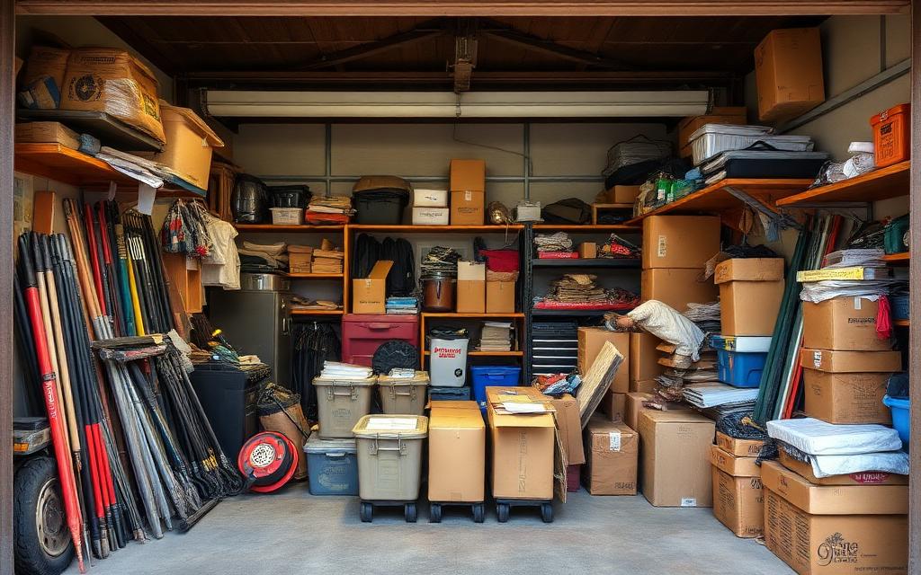 Cluttered garage packed with old tools, shelving and boxes being cleared out on a junk removal job in Kenmore in the Brisbane to Gold Coast corridor