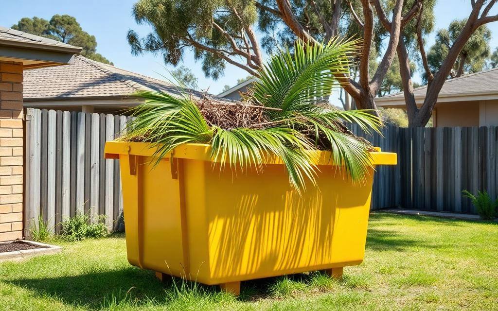 Yellow skip bin in a Queensland backyard filled with palm fronds, branches and grass clippings