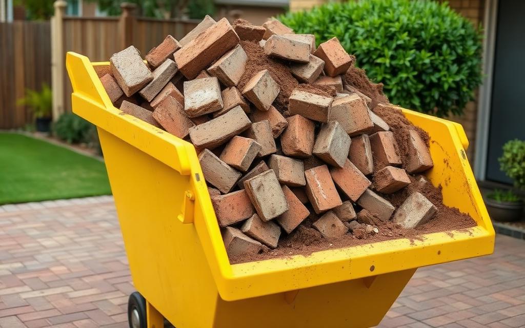 Small yellow skip bin loaded with bricks, concrete rubble and soil on a driveway on a junk removal job in Hamilton in the Brisbane to Gold Coast corridor