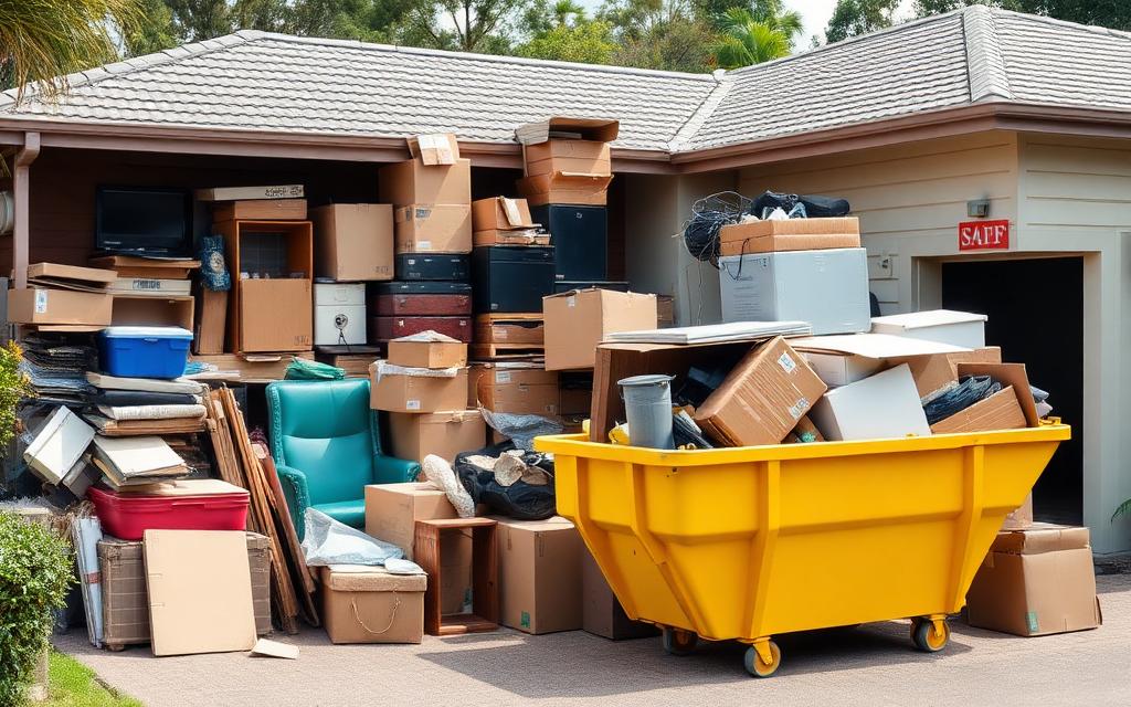 Full house cleanout with old furniture and boxes stacked on a driveway beside a yellow skip bin on a rubbish removal job in Hamilton in the Brisbane to Gold Coast corridor