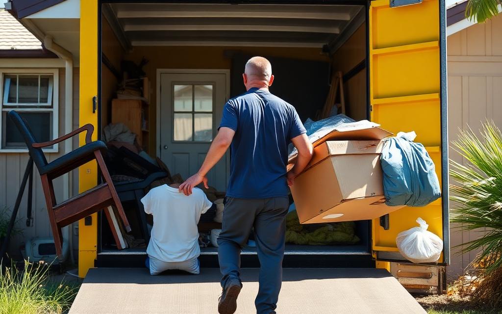 Junk removal crew carrying old chairs, boxes and bagged junk out of a Queensland home to a truck on a rubbish removal job in Ashmore on the Gold Coast