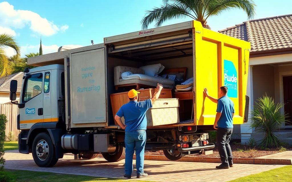 Rubbish removal crew loading old furniture and household junk into a truck outside a Gold Coast home
