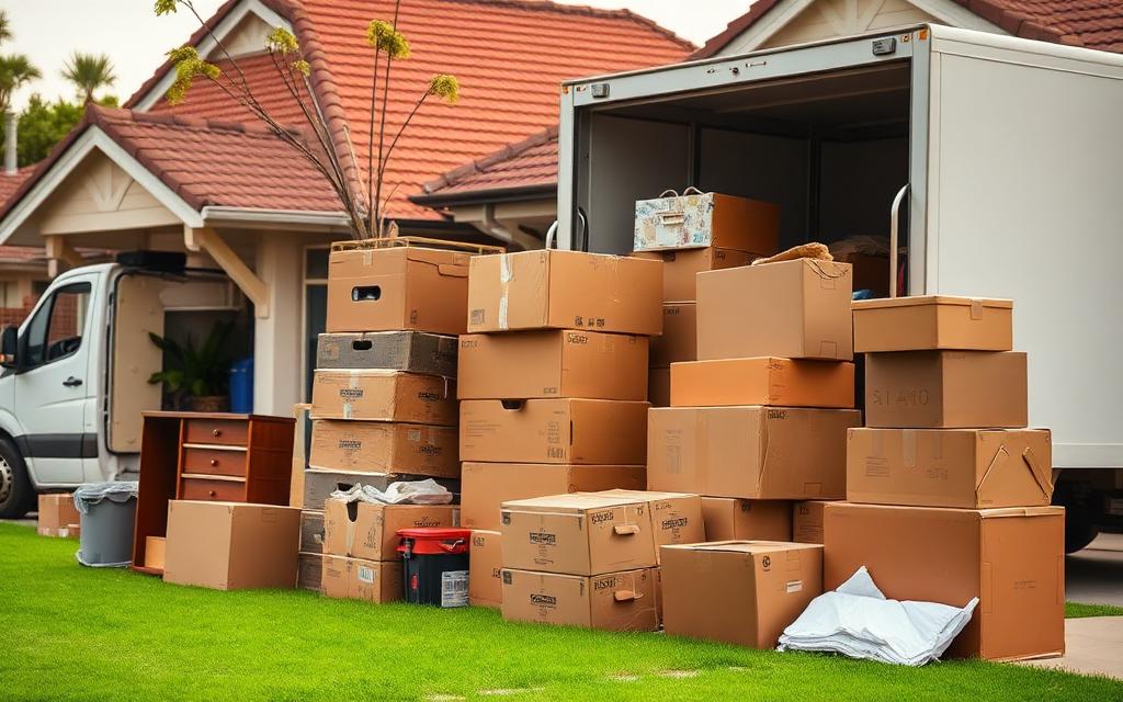 Moving day with packing boxes and unwanted furniture stacked on a front lawn beside a removal van on a junk removal job in Aspley in the Brisbane to Gold Coast corridor