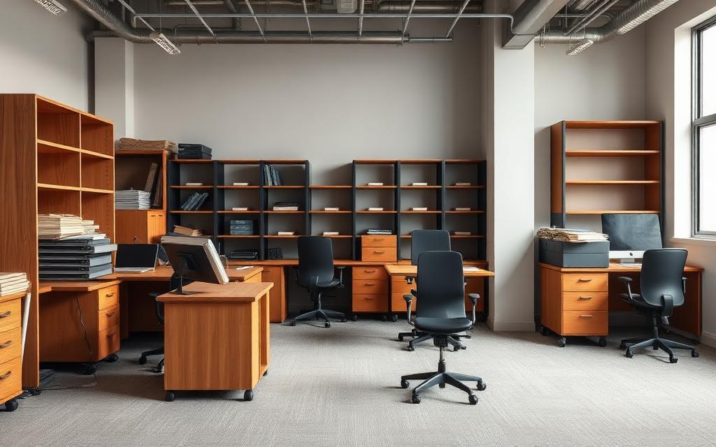 Office strip-out with old desks, office chairs and shelving stacked for removal on a rubbish removal job in Tugun on the Gold Coast