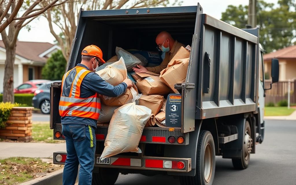 Rubbish removal worker loading bagged household rubbish and cardboard into a tipper truck on a suburban street on a junk removal job in Nerang on the Gold Coast