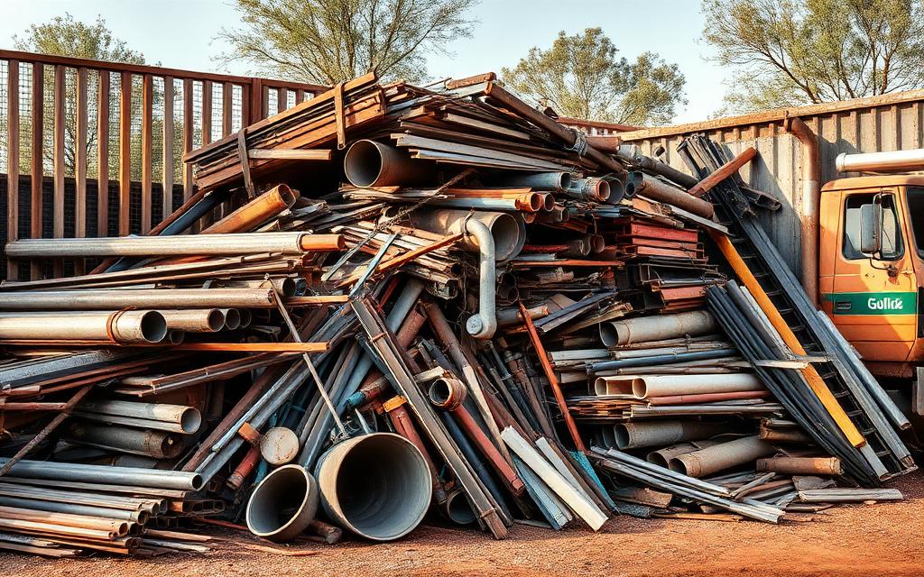Pile of scrap steel fencing, pipes and metal offcuts beside a truck on a junk removal job in Chermside in the Brisbane to Gold Coast corridor