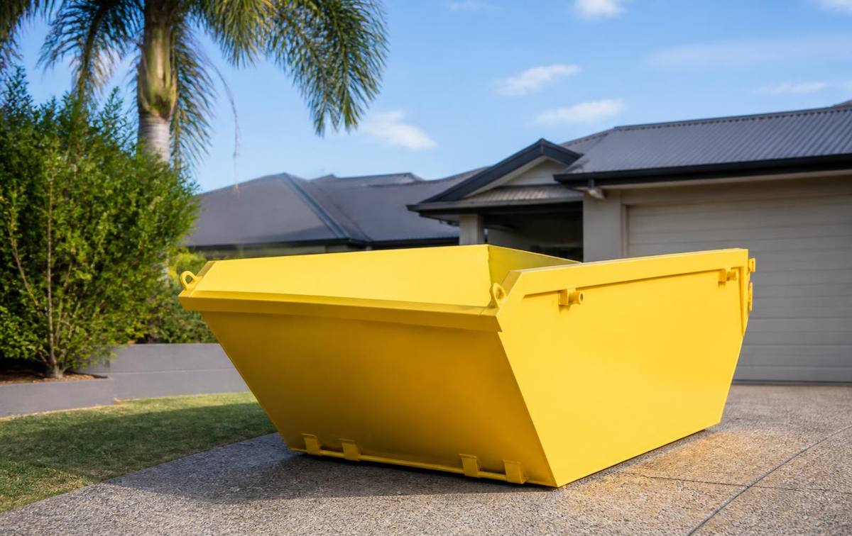 Yellow Pro Bin skip bin sitting on a suburban driveway ready to be loaded