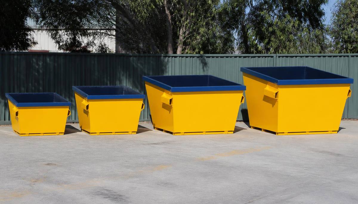 Row of 3m³, 4m³, 5m³ and 6m³ yellow skip bins lined up for size comparison on a job in The Gap in the Brisbane to Gold Coast corridor