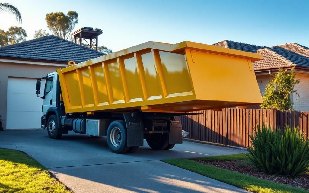 Truck lowering a yellow skip bin onto a residential driveway in south-east Queensland on a junk removal job in Chandler in the Brisbane to Gold Coast corridor