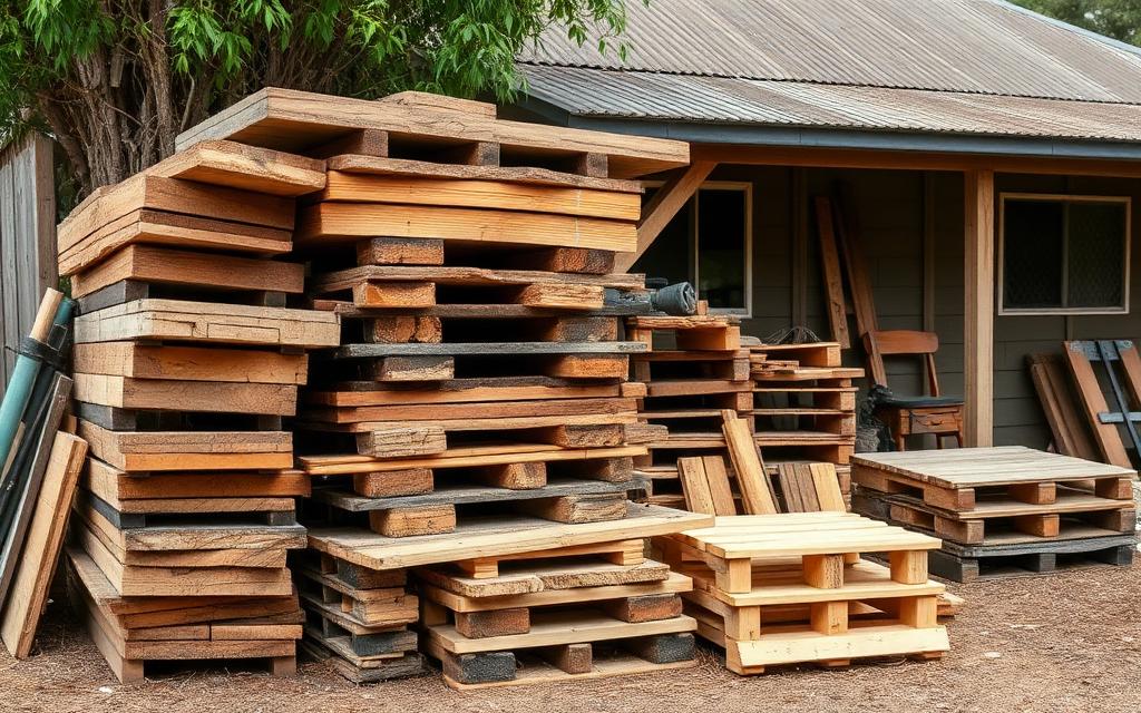 Stack of timber offcuts, old decking boards and pallets ready for removal on a rubbish removal job in Bulimba in the Brisbane to Gold Coast corridor